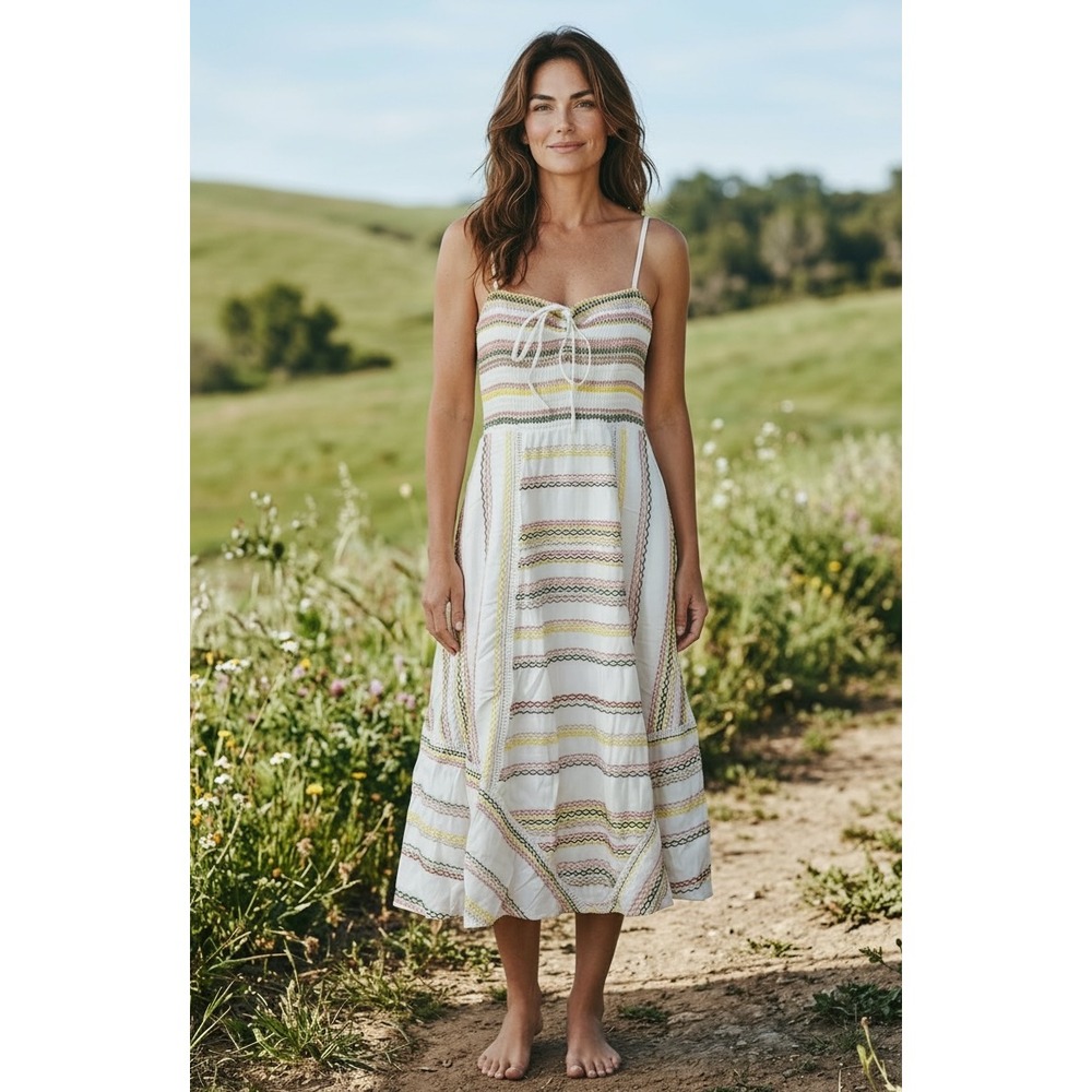 Hutch Strapless Tie-Front Midi Dress in White with Green and Yellow Stripes